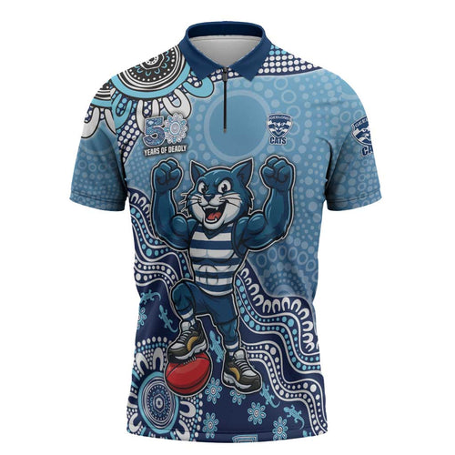 Personalized Geelong Cats Football Mascot Zipper Polo Shirt Aboriginal Dot Art Style Vibrant Indigenous Pattern Design