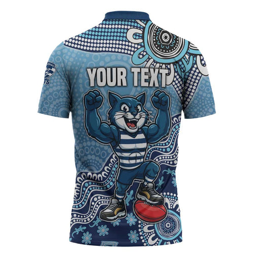 Personalized Geelong Cats Football Mascot Zipper Polo Shirt Aboriginal Dot Art Style Vibrant Indigenous Pattern Design