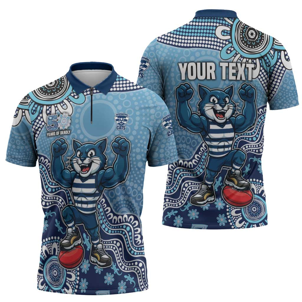 Personalized Geelong Cats Football Mascot Zipper Polo Shirt Aboriginal Dot Art Style Vibrant Indigenous Pattern Design