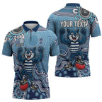 Personalized Geelong Cats Football Mascot Zipper Polo Shirt Aboriginal Dot Art Style Vibrant Indigenous Pattern Design