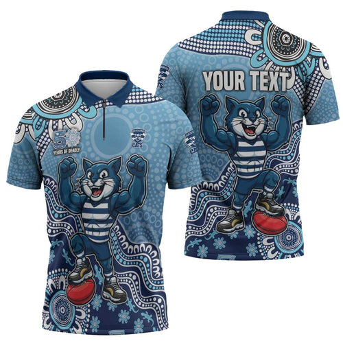 Personalized Geelong Cats Football Mascot Zipper Polo Shirt Aboriginal Dot Art Style Vibrant Indigenous Pattern Design