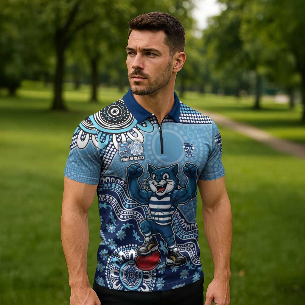 Personalized Geelong Cats Football Mascot Zipper Polo Shirt Aboriginal Dot Art Style Vibrant Indigenous Pattern Design