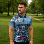 Personalized Geelong Cats Football Mascot Zipper Polo Shirt Aboriginal Dot Art Style Vibrant Indigenous Pattern Design
