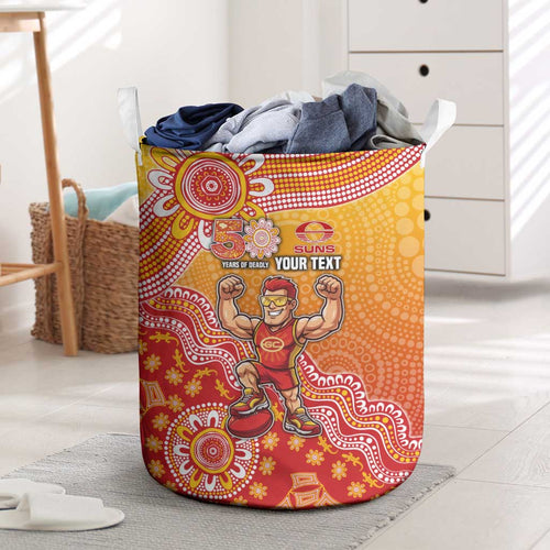 Personalized Suns Football Mascot Laundry Basket Aboriginal Dot Art Style Vibrant Indigenous Pattern Design