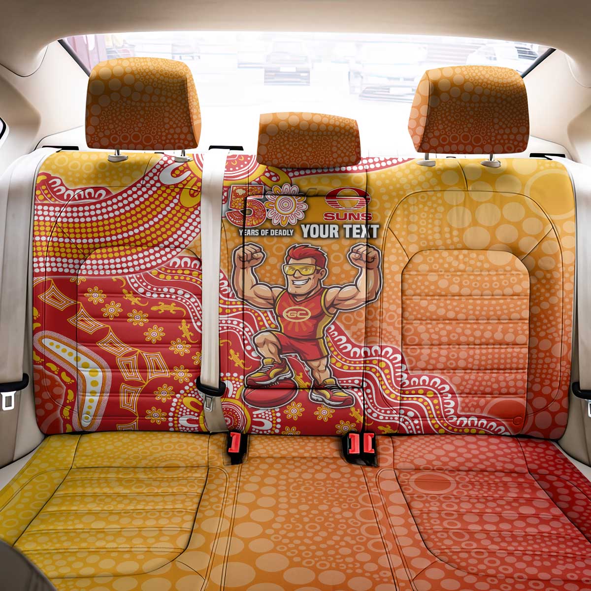 Personalized Suns Football Mascot Back Car Seat Cover Aboriginal Dot Art Style Vibrant Indigenous Pattern Design