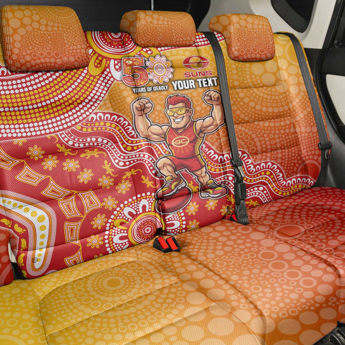 Personalized Suns Football Mascot Back Car Seat Cover Aboriginal Dot Art Style Vibrant Indigenous Pattern Design