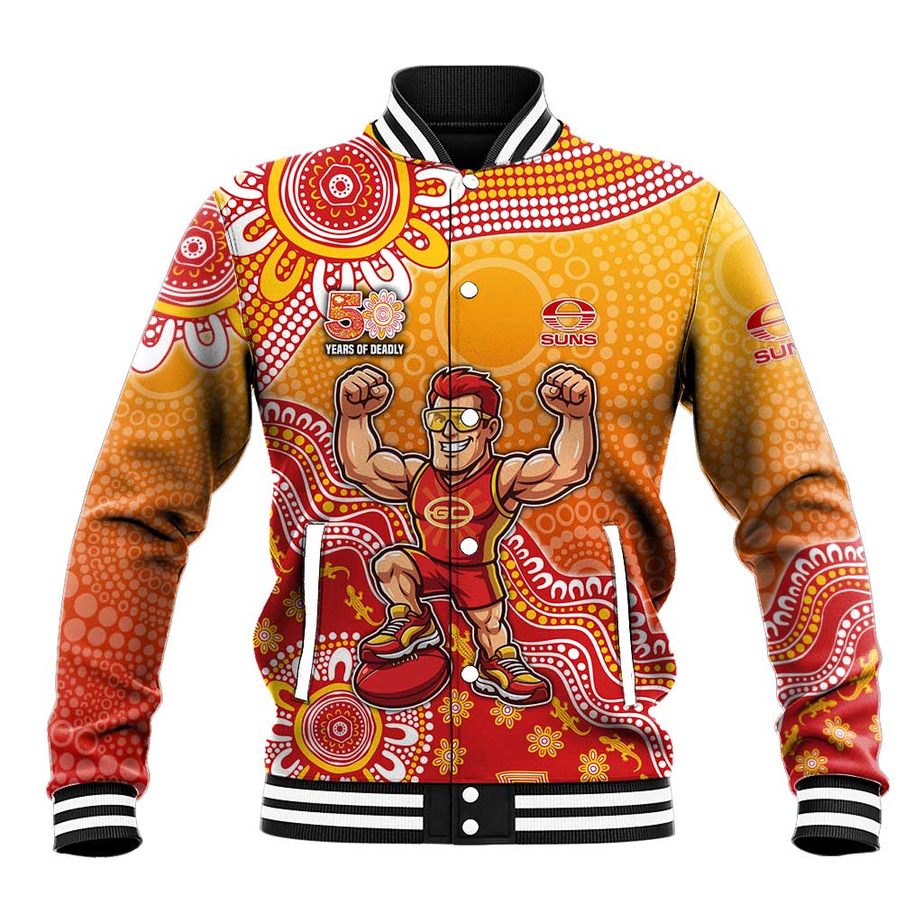 Personalized Suns Football Mascot Baseball Jacket Aboriginal Dot Art Style Vibrant Indigenous Pattern Design