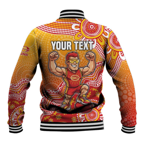 Personalized Suns Football Mascot Baseball Jacket Aboriginal Dot Art Style Vibrant Indigenous Pattern Design