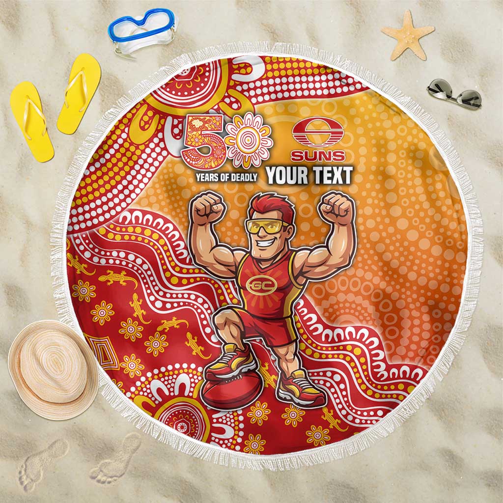 Personalized Suns Football Mascot Beach Blanket Aboriginal Dot Art Style Vibrant Indigenous Pattern Design