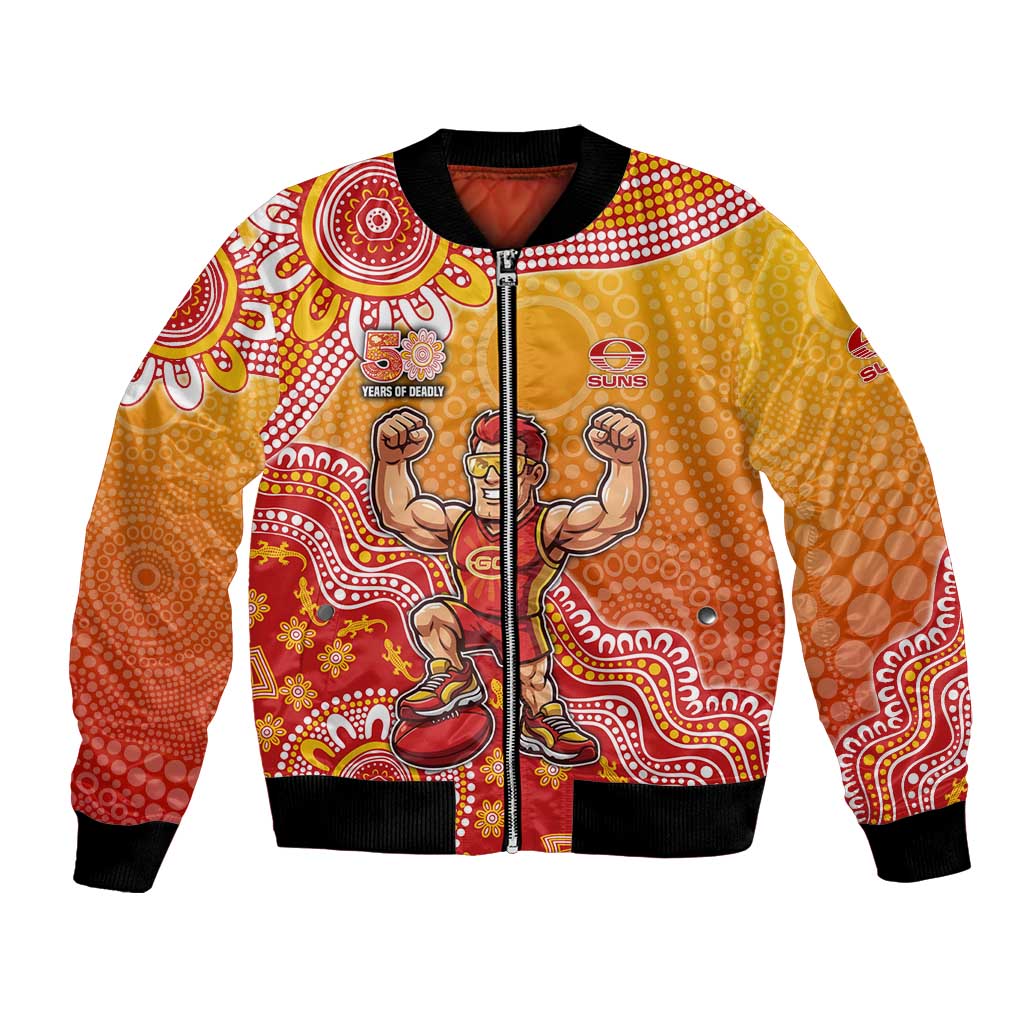 Personalized Suns Football Mascot Bomber Jacket Aboriginal Dot Art Style Vibrant Indigenous Pattern Design