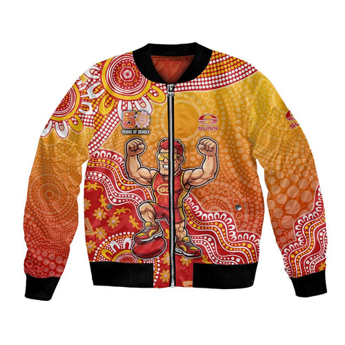 Personalized Suns Football Mascot Bomber Jacket Aboriginal Dot Art Style Vibrant Indigenous Pattern Design