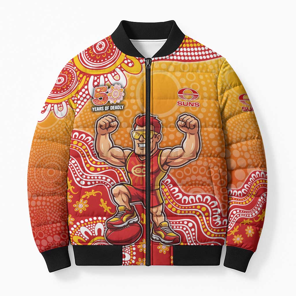 Personalized Suns Football Mascot Bomber Puffer Jacket Aboriginal Dot Art Style Vibrant Indigenous Pattern Design
