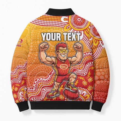 Personalized Suns Football Mascot Bomber Puffer Jacket Aboriginal Dot Art Style Vibrant Indigenous Pattern Design