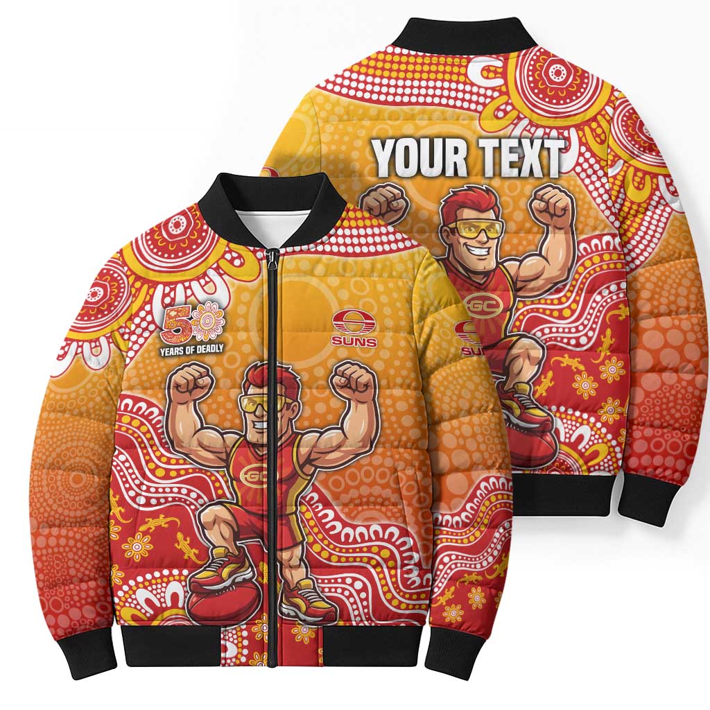 Personalized Suns Football Mascot Bomber Puffer Jacket Aboriginal Dot Art Style Vibrant Indigenous Pattern Design