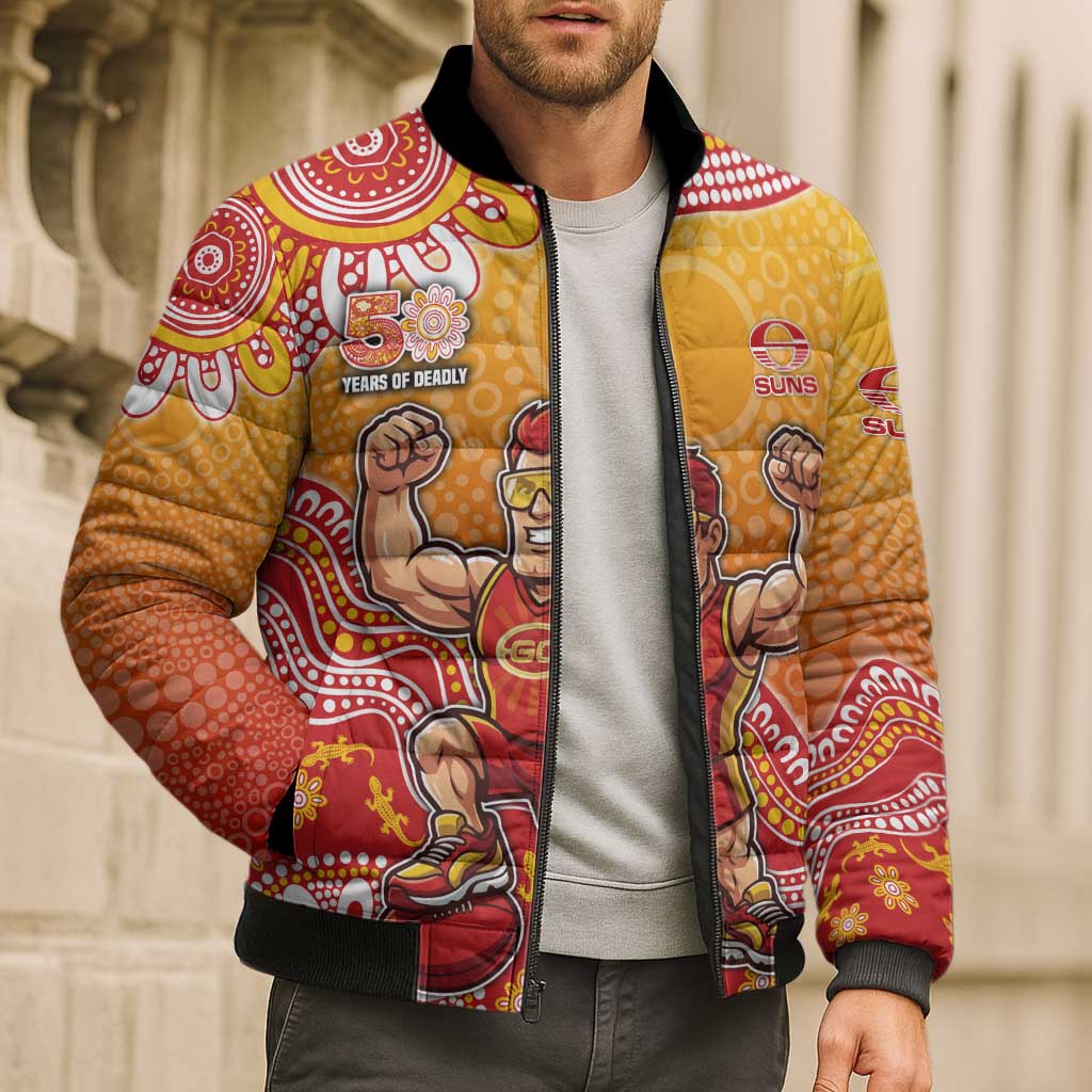 Personalized Suns Football Mascot Bomber Puffer Jacket Aboriginal Dot Art Style Vibrant Indigenous Pattern Design