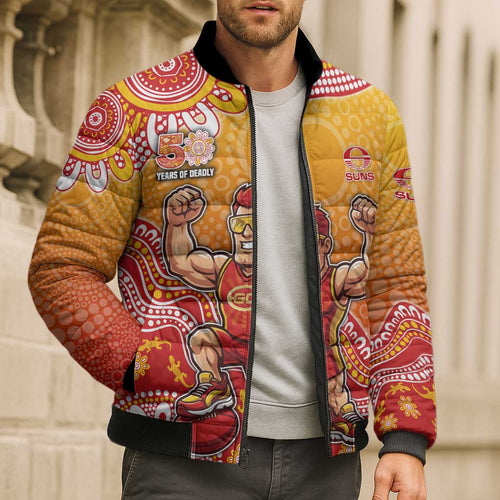 Personalized Suns Football Mascot Bomber Puffer Jacket Aboriginal Dot Art Style Vibrant Indigenous Pattern Design