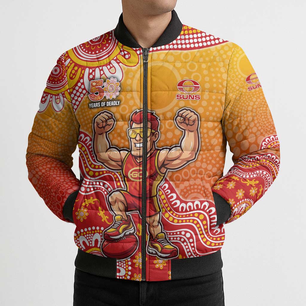 Personalized Suns Football Mascot Bomber Puffer Jacket Aboriginal Dot Art Style Vibrant Indigenous Pattern Design