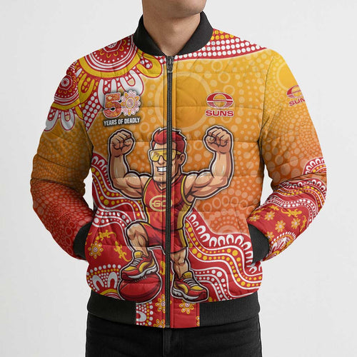 Personalized Suns Football Mascot Bomber Puffer Jacket Aboriginal Dot Art Style Vibrant Indigenous Pattern Design