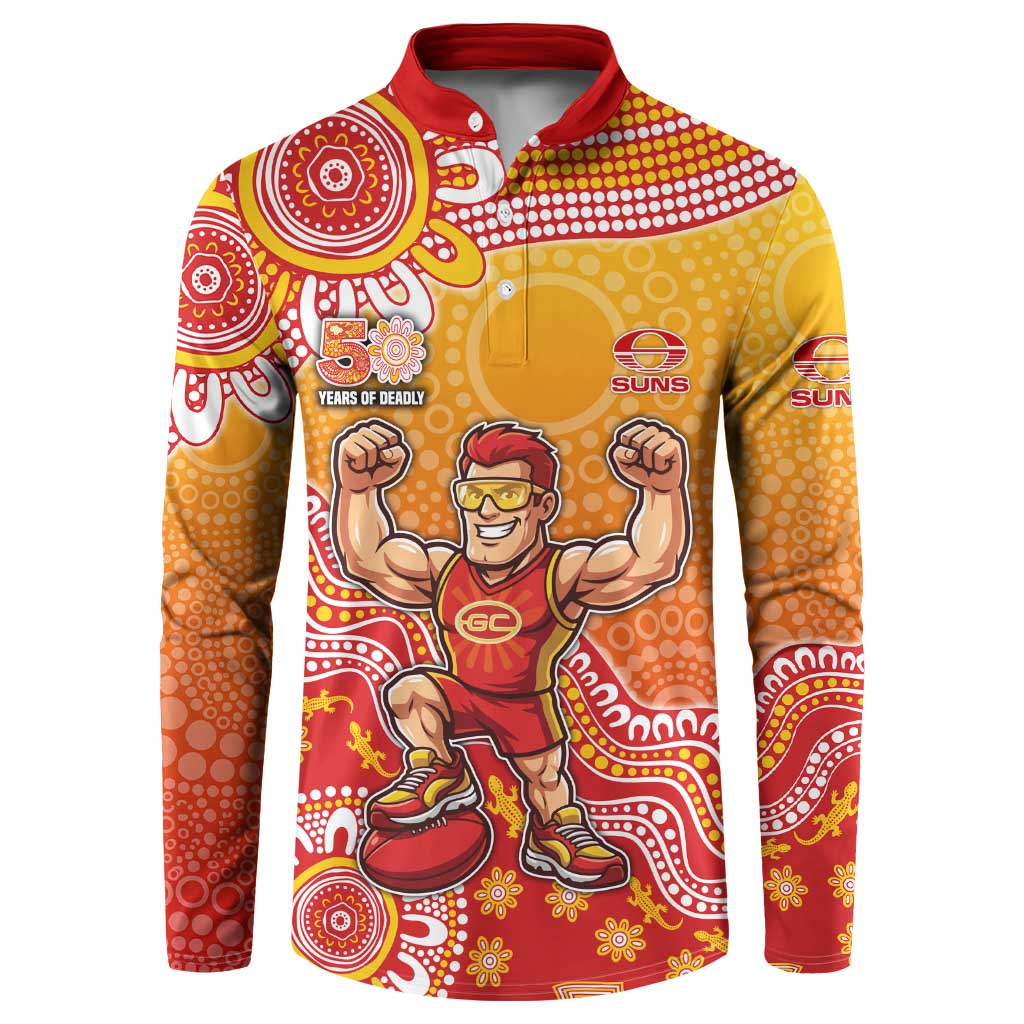 Personalized Suns Football Mascot Button Sweatshirt Aboriginal Dot Art Style Vibrant Indigenous Pattern Design