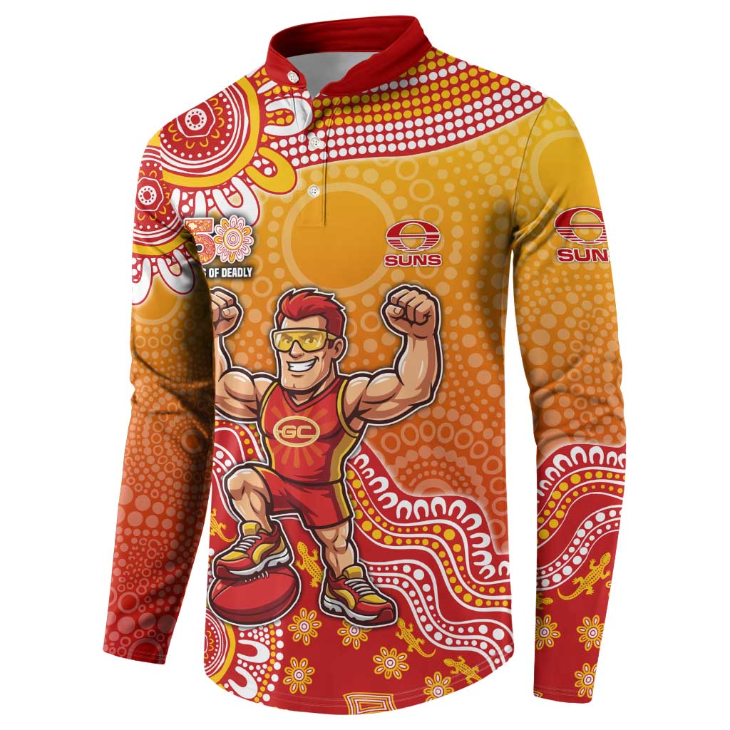 Personalized Suns Football Mascot Button Sweatshirt Aboriginal Dot Art Style Vibrant Indigenous Pattern Design