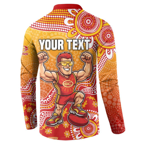 Personalized Suns Football Mascot Button Sweatshirt Aboriginal Dot Art Style Vibrant Indigenous Pattern Design