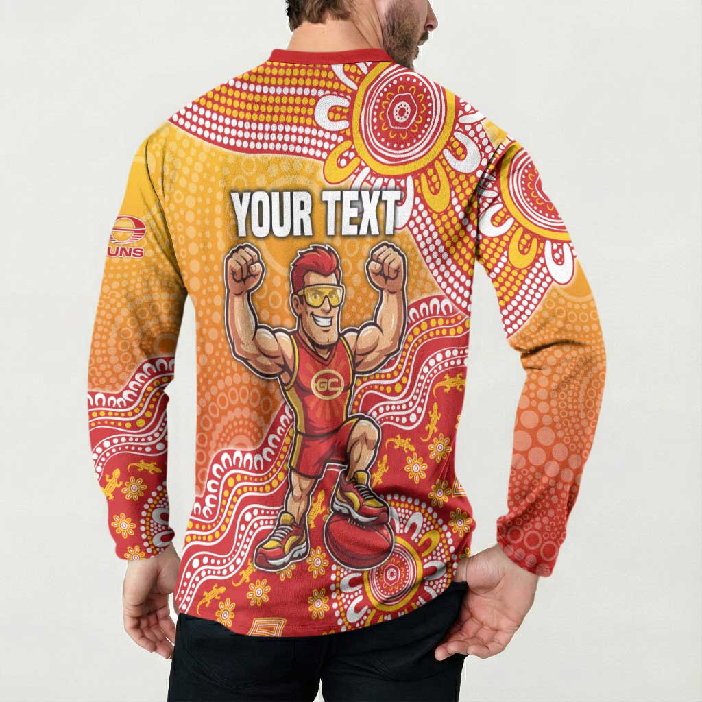 Personalized Suns Football Mascot Button Sweatshirt Aboriginal Dot Art Style Vibrant Indigenous Pattern Design