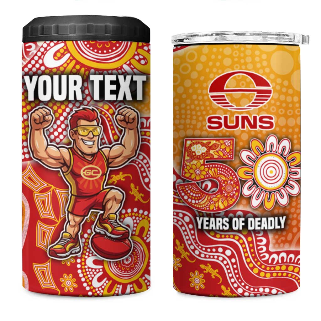 Personalized Suns Football Mascot 4 in 1 Can Cooler Tumbler Aboriginal Dot Art Style Vibrant Indigenous Pattern Design