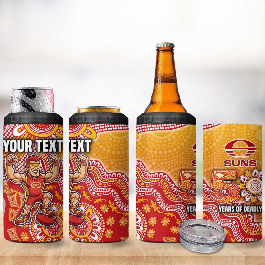 Personalized Suns Football Mascot 4 in 1 Can Cooler Tumbler Aboriginal Dot Art Style Vibrant Indigenous Pattern Design