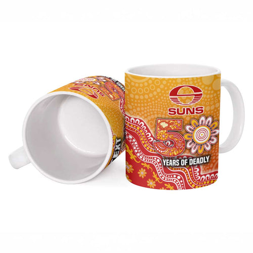 Personalized Suns Football Mascot Ceramic Mug Aboriginal Dot Art Style Vibrant Indigenous Pattern Design