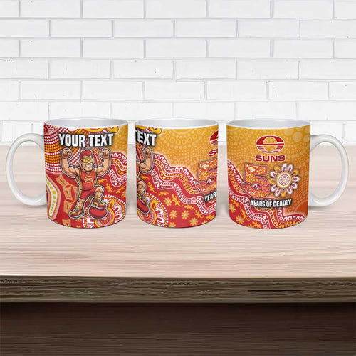 Personalized Suns Football Mascot Ceramic Mug Aboriginal Dot Art Style Vibrant Indigenous Pattern Design