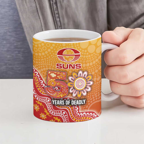 Personalized Suns Football Mascot Ceramic Mug Aboriginal Dot Art Style Vibrant Indigenous Pattern Design