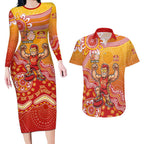 Personalized Suns Football Mascot Couples Matching Long Sleeve Bodycon Dress and Hawaiian Shirt Aboriginal Dot Art Style Vibrant Indigenous Pattern Design