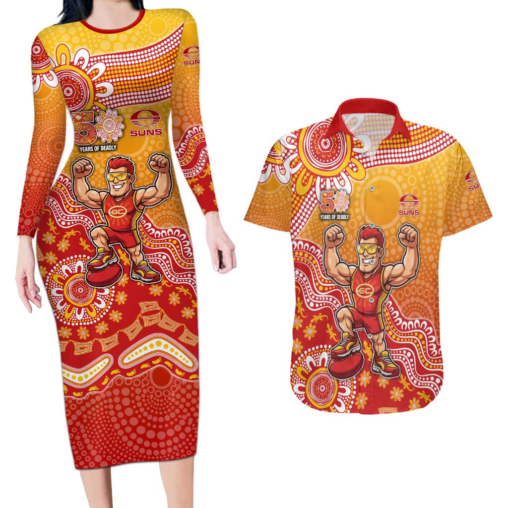 Personalized Suns Football Mascot Couples Matching Long Sleeve Bodycon Dress and Hawaiian Shirt Aboriginal Dot Art Style Vibrant Indigenous Pattern Design