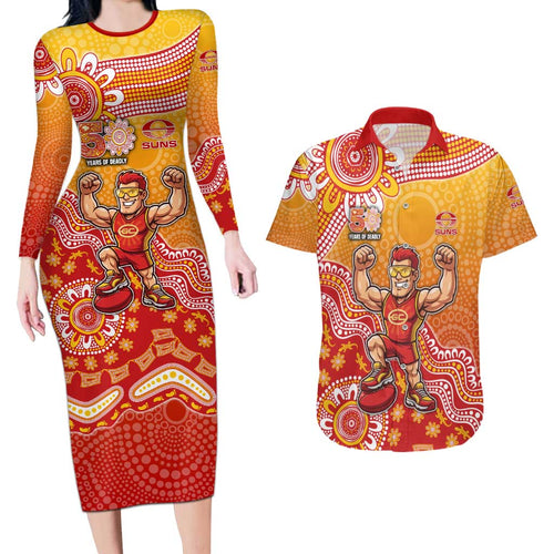 Personalized Suns Football Mascot Couples Matching Long Sleeve Bodycon Dress and Hawaiian Shirt Aboriginal Dot Art Style Vibrant Indigenous Pattern Design