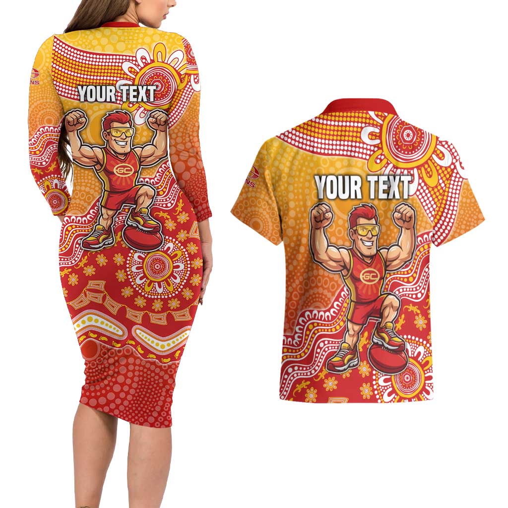 Personalized Suns Football Mascot Couples Matching Long Sleeve Bodycon Dress and Hawaiian Shirt Aboriginal Dot Art Style Vibrant Indigenous Pattern Design
