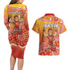 Personalized Suns Football Mascot Couples Matching Long Sleeve Bodycon Dress and Hawaiian Shirt Aboriginal Dot Art Style Vibrant Indigenous Pattern Design