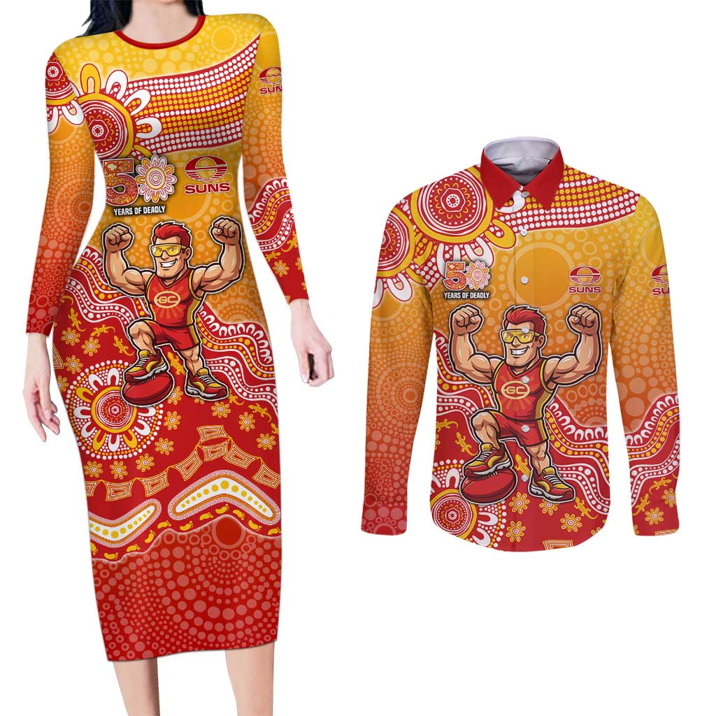 Personalized Suns Football Mascot Couples Matching Long Sleeve Bodycon Dress and Long Sleeve Button Shirt Aboriginal Dot Art Style Vibrant Indigenous Pattern Design
