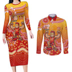 Personalized Suns Football Mascot Couples Matching Long Sleeve Bodycon Dress and Long Sleeve Button Shirt Aboriginal Dot Art Style Vibrant Indigenous Pattern Design