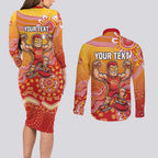 Personalized Suns Football Mascot Couples Matching Long Sleeve Bodycon Dress and Long Sleeve Button Shirt Aboriginal Dot Art Style Vibrant Indigenous Pattern Design