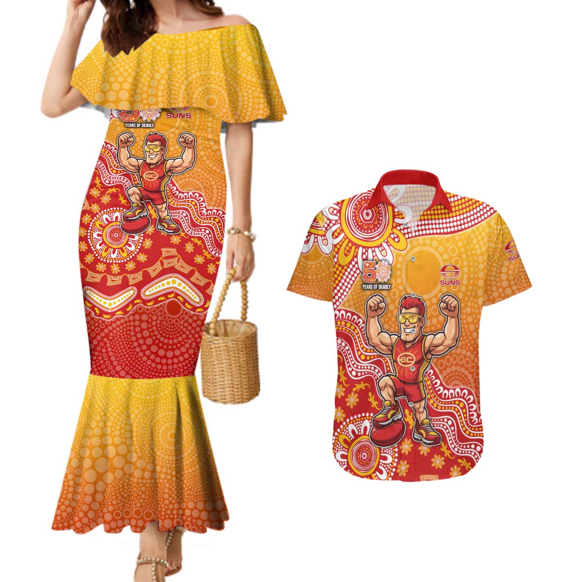 Personalized Suns Football Mascot Couples Matching Mermaid Dress and Hawaiian Shirt Aboriginal Dot Art Style Vibrant Indigenous Pattern Design