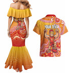 Personalized Suns Football Mascot Couples Matching Mermaid Dress and Hawaiian Shirt Aboriginal Dot Art Style Vibrant Indigenous Pattern Design