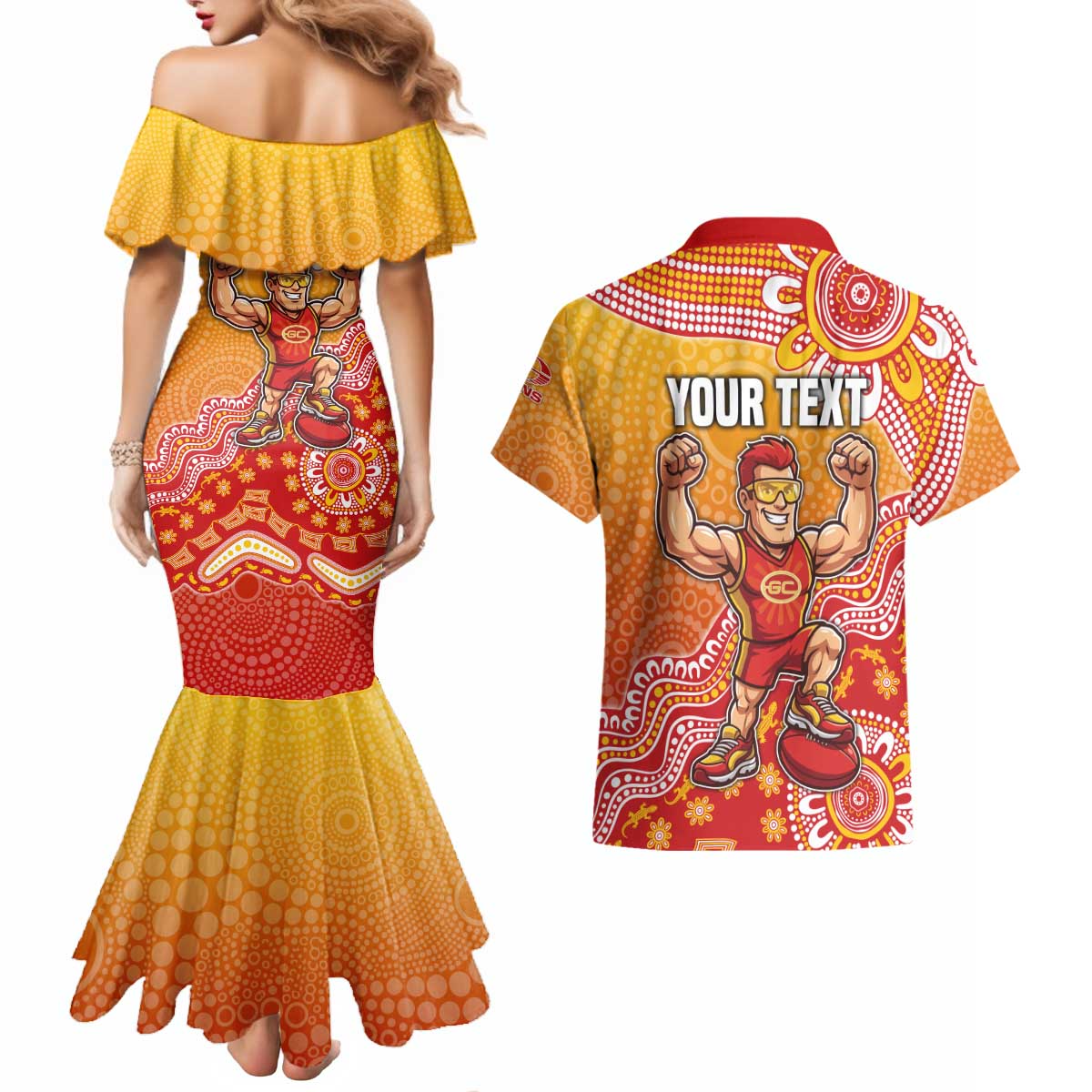 Personalized Suns Football Mascot Couples Matching Mermaid Dress and Hawaiian Shirt Aboriginal Dot Art Style Vibrant Indigenous Pattern Design