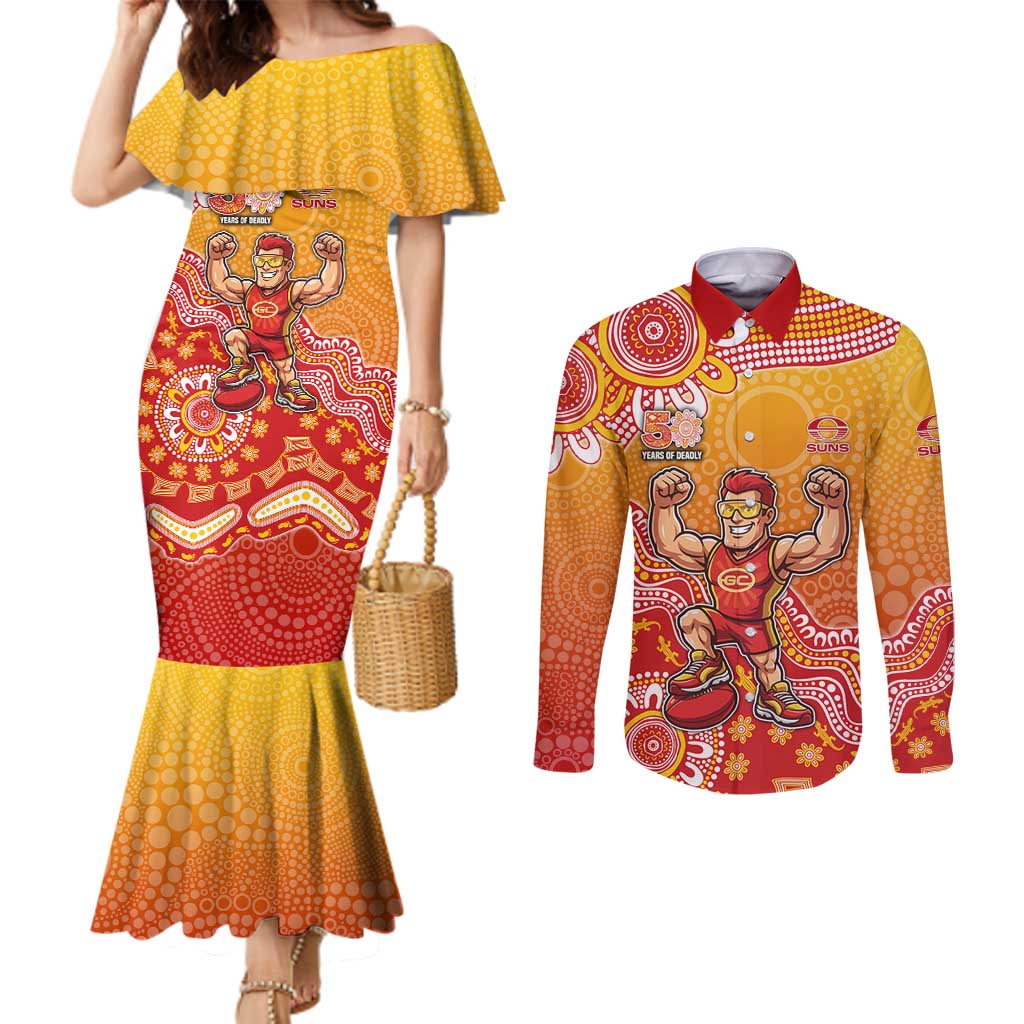Personalized Suns Football Mascot Couples Matching Mermaid Dress and Long Sleeve Button Shirt Aboriginal Dot Art Style Vibrant Indigenous Pattern Design