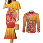 Personalized Suns Football Mascot Couples Matching Mermaid Dress and Long Sleeve Button Shirt Aboriginal Dot Art Style Vibrant Indigenous Pattern Design