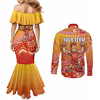Personalized Suns Football Mascot Couples Matching Mermaid Dress and Long Sleeve Button Shirt Aboriginal Dot Art Style Vibrant Indigenous Pattern Design