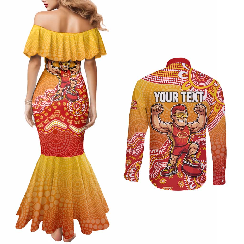 Personalized Suns Football Mascot Couples Matching Mermaid Dress and Long Sleeve Button Shirt Aboriginal Dot Art Style Vibrant Indigenous Pattern Design