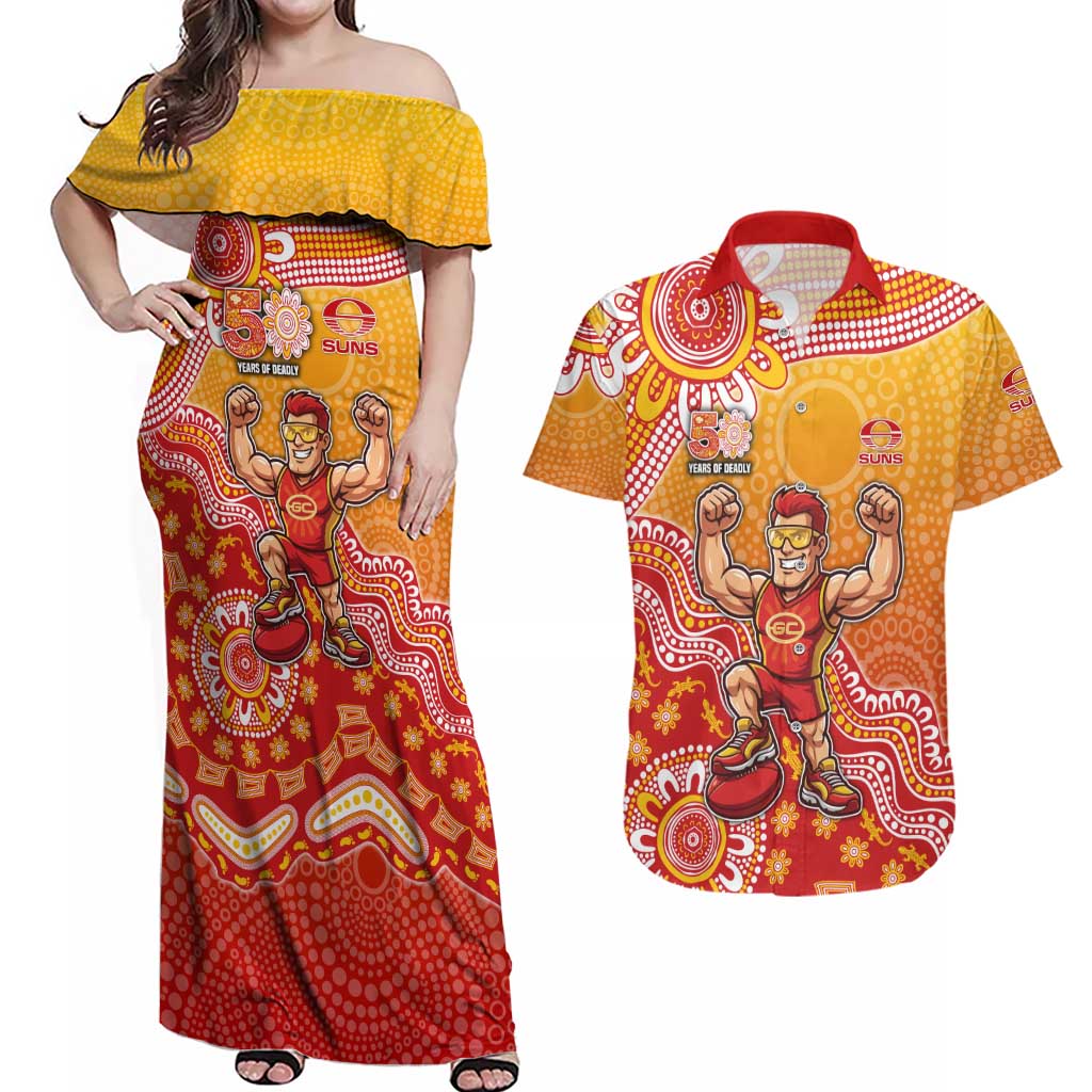 Personalized Suns Football Mascot Couples Matching Off Shoulder Maxi Dress and Hawaiian Shirt Aboriginal Dot Art Style Vibrant Indigenous Pattern Design