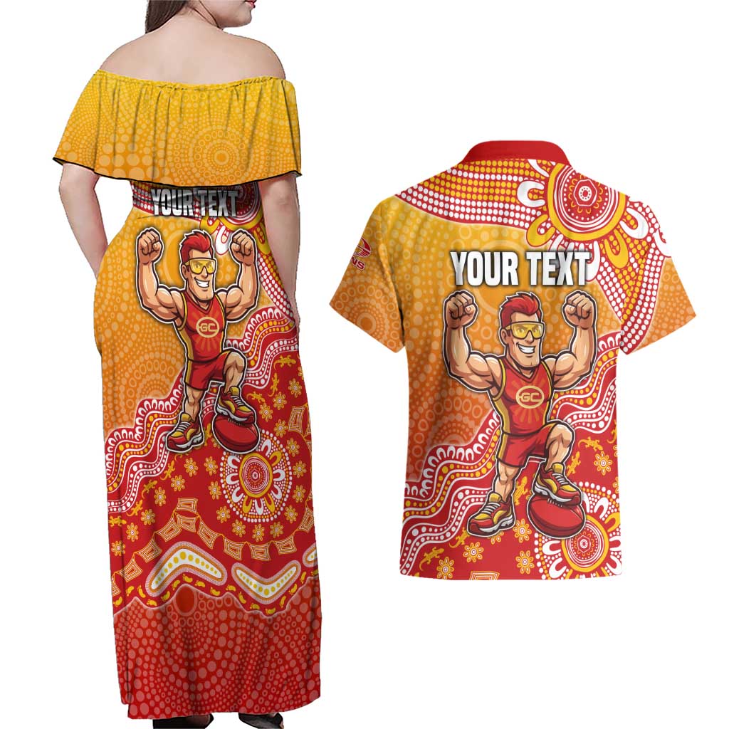 Personalized Suns Football Mascot Couples Matching Off Shoulder Maxi Dress and Hawaiian Shirt Aboriginal Dot Art Style Vibrant Indigenous Pattern Design