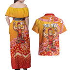 Personalized Suns Football Mascot Couples Matching Off Shoulder Maxi Dress and Hawaiian Shirt Aboriginal Dot Art Style Vibrant Indigenous Pattern Design