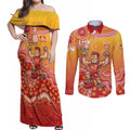 Personalized Suns Football Mascot Couples Matching Off Shoulder Maxi Dress and Long Sleeve Button Shirt Aboriginal Dot Art Style Vibrant Indigenous Pattern Design